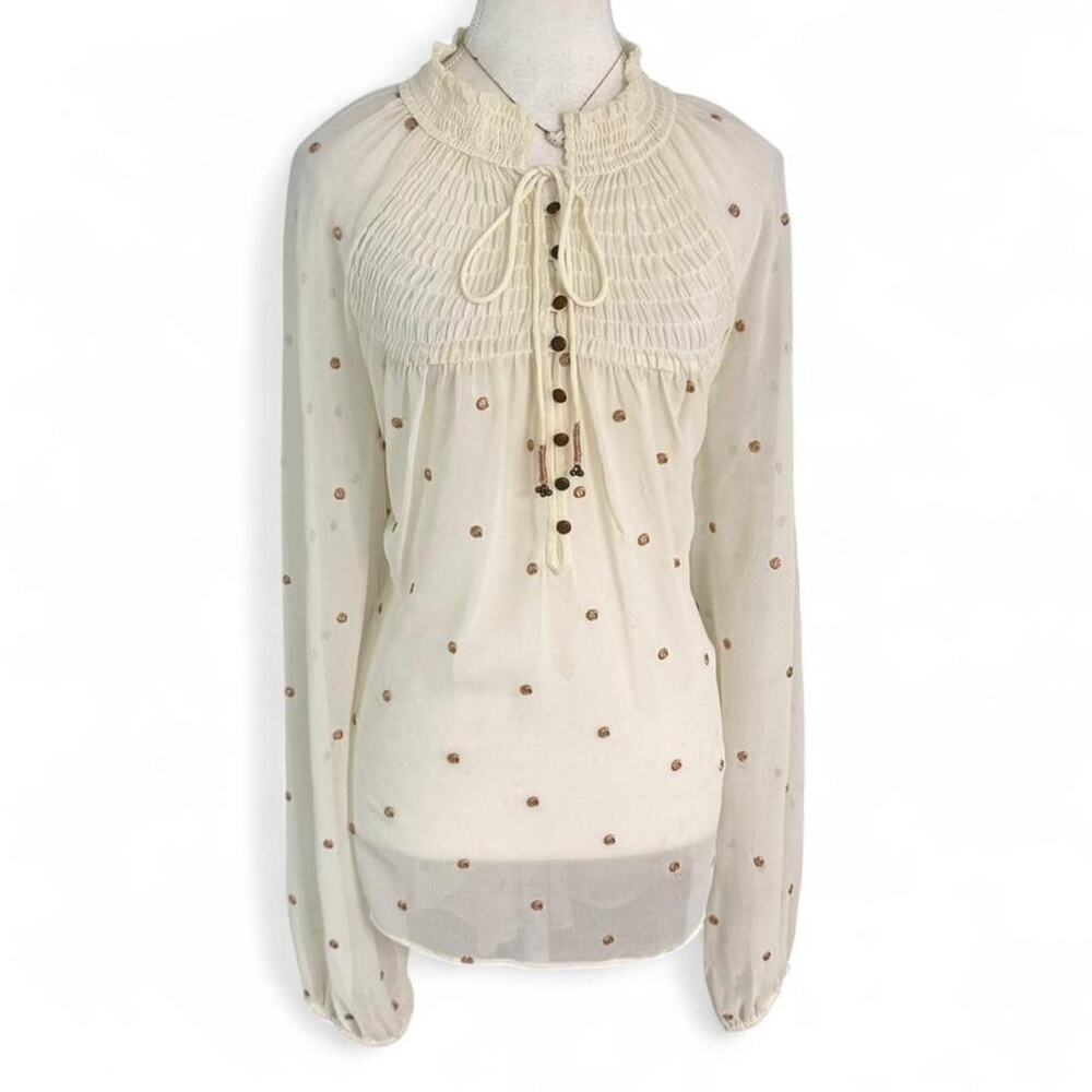 Free People Ready to Run Dot Smocked Georgette Blouse Top Cream Sheer size large